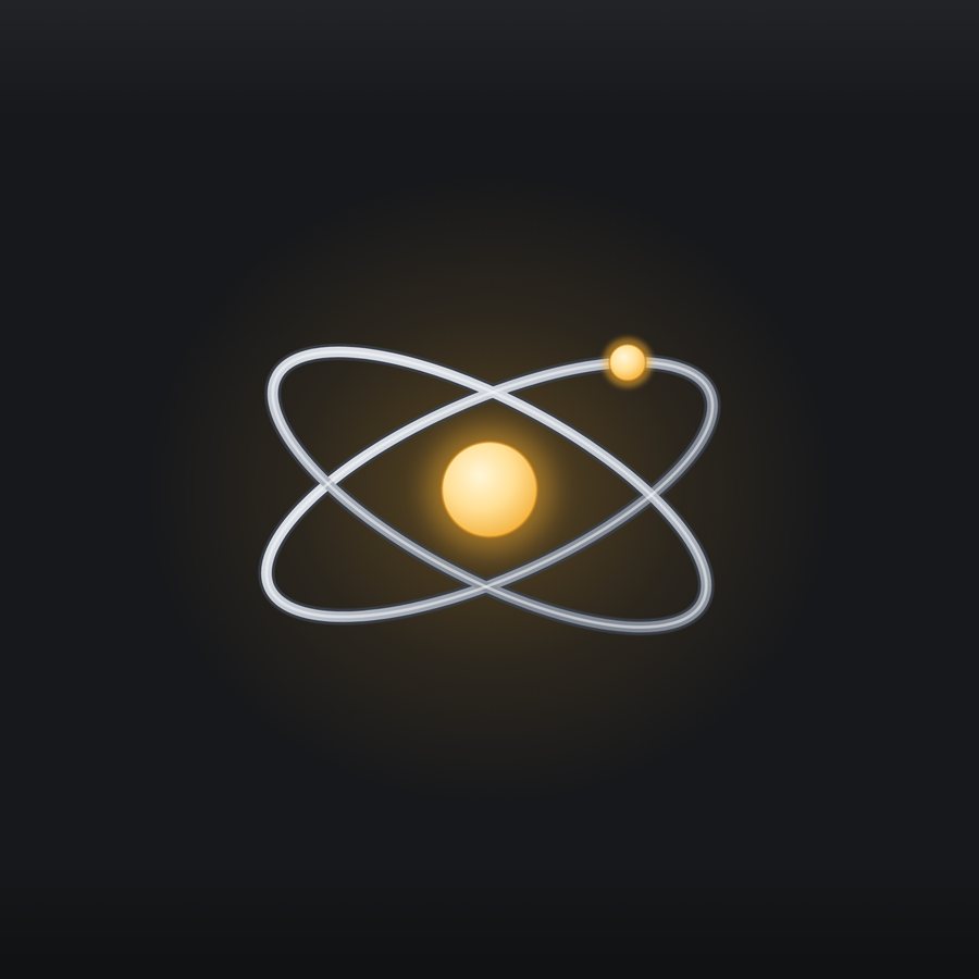 Two crossed palladium orbits around a warm amber nucleus with one electron.