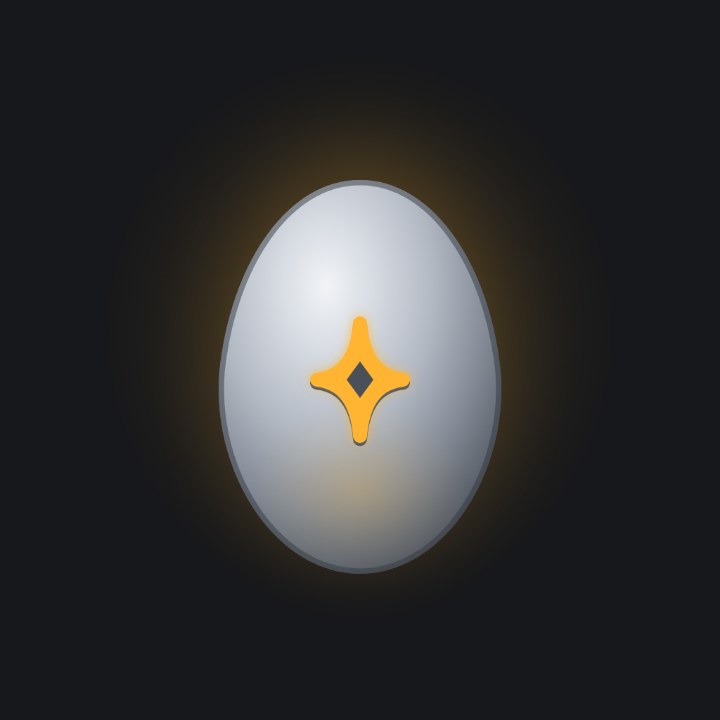 A palladium egg with a four-ray star inlaid, a dark diamond knocked out of its centre.