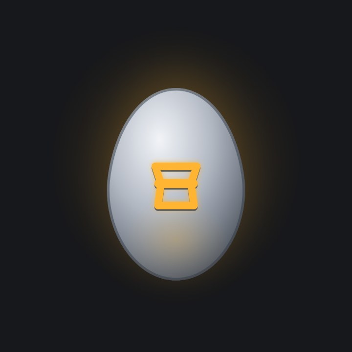 A palladium egg with a split-flap tile inlaid, caught mid-flip with light in the seam.
