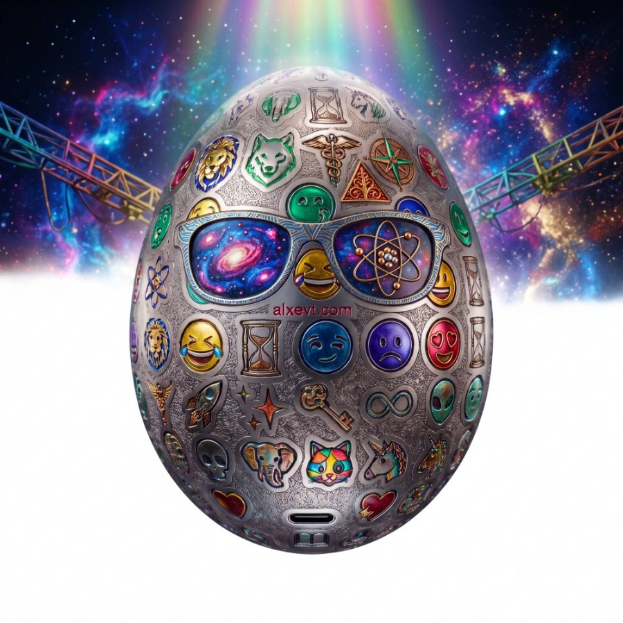 An iridescent chrome egg against a nebula.