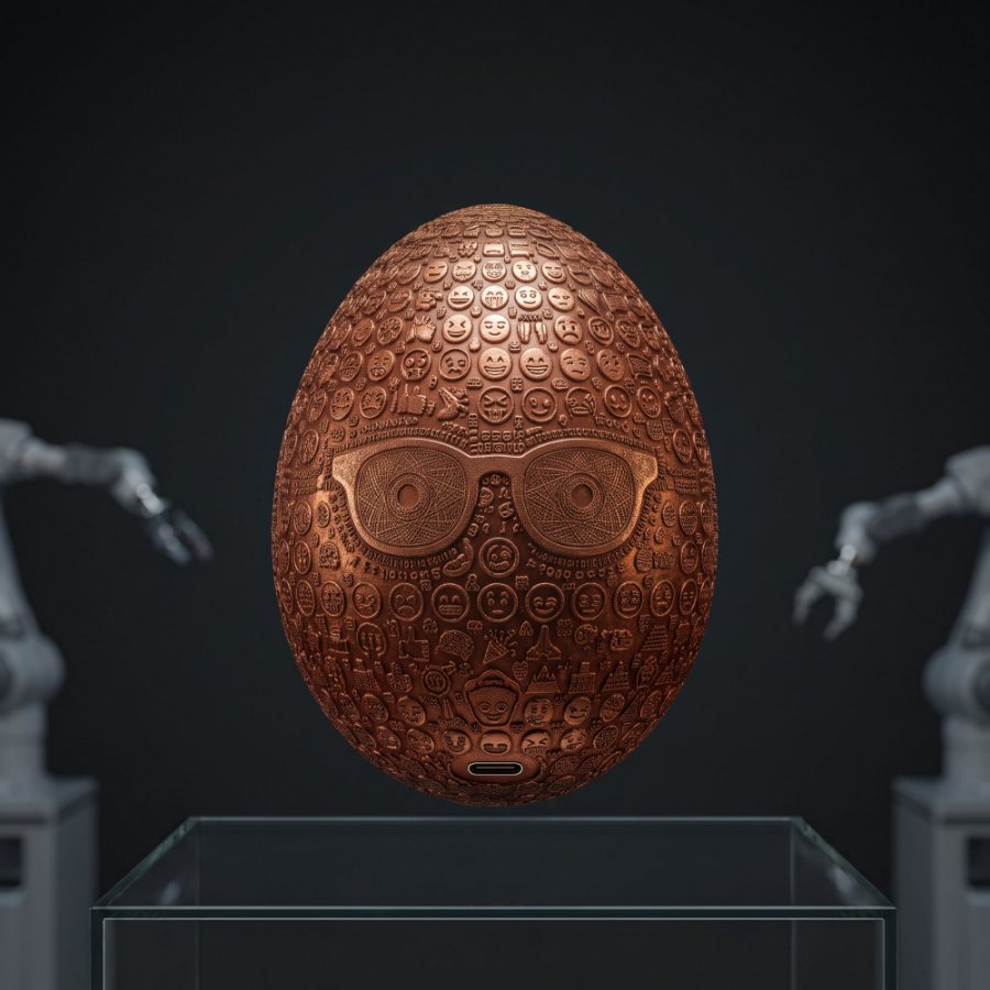 A copper egg levitating over a glass vitrine with robot arms behind it.