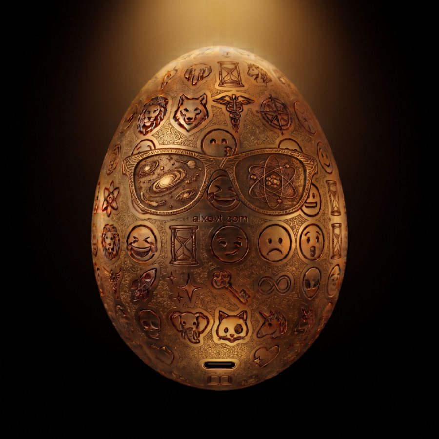 A gold engraved egg lit from above against black.