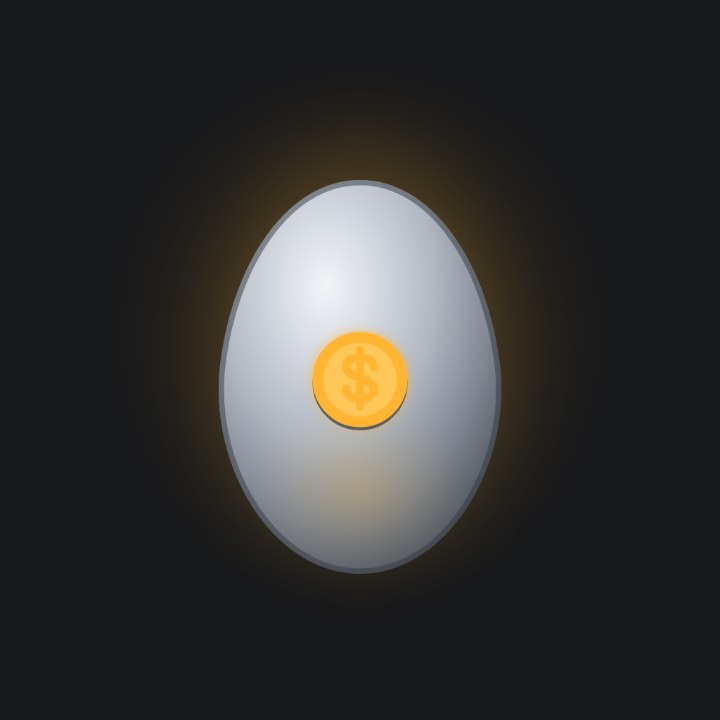 A palladium egg with a struck coin inlaid in amber.