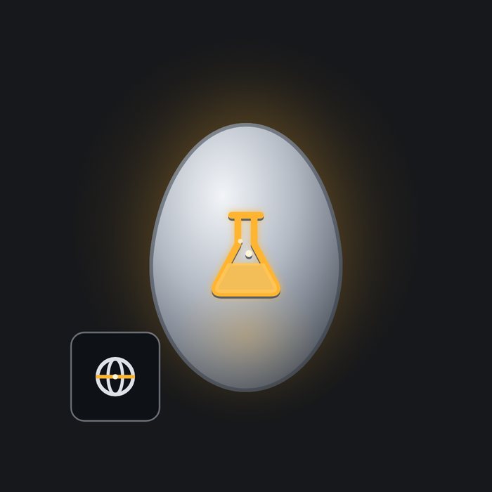 A palladium science egg with a square tile beside it holding a globe with an amber equator.