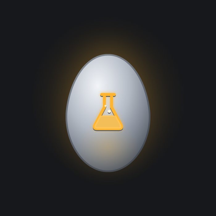 A palladium egg with a conical flask inlaid in amber.