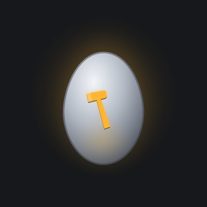 A palladium egg with a hammer inlaid in amber.