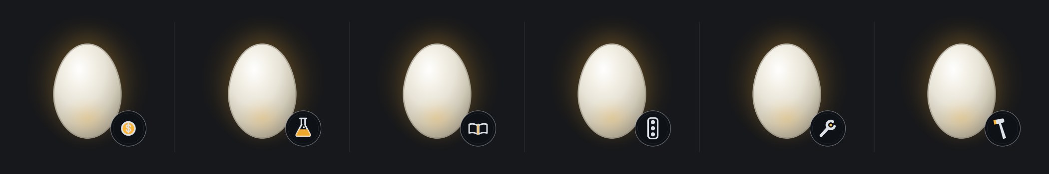 Six white foundation eggs, each with a different instrument punched beside it: coin, flask, book, traffic light, wrench, hammer.