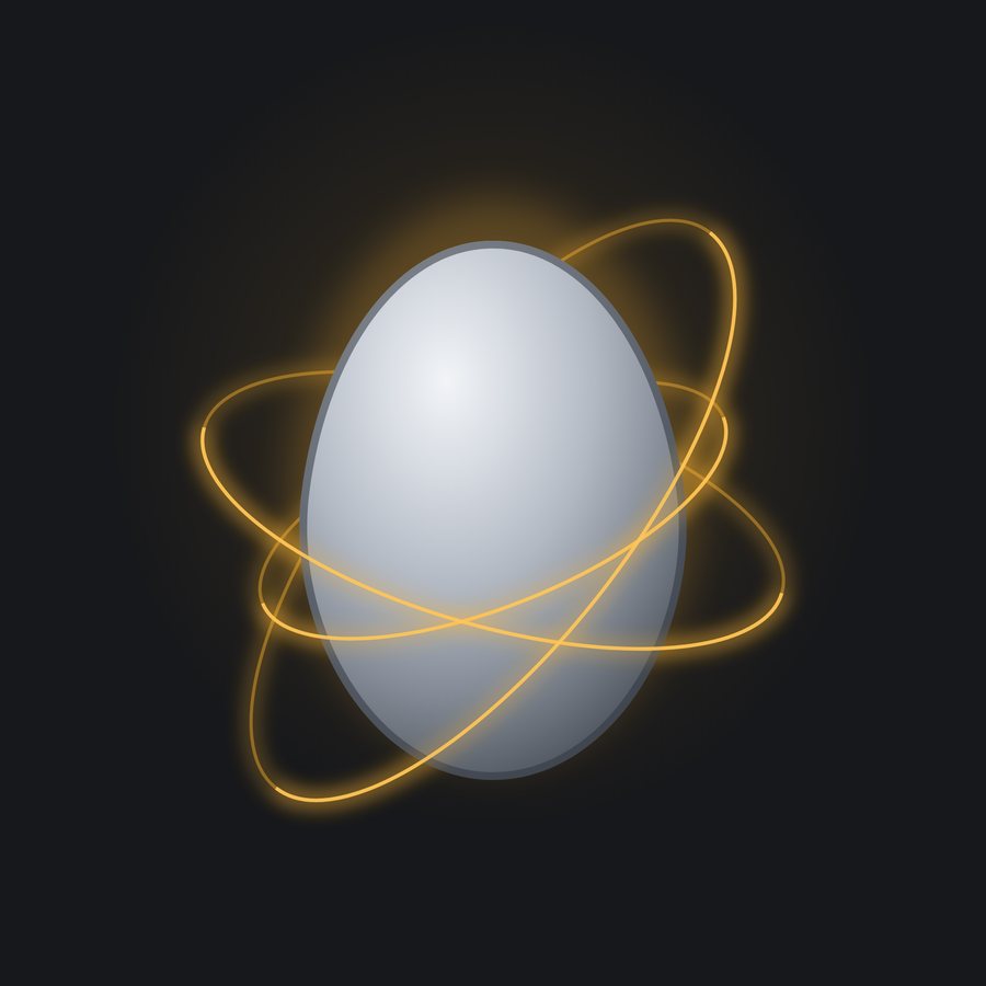 A bare palladium egg circled by three amber orbitals of light.