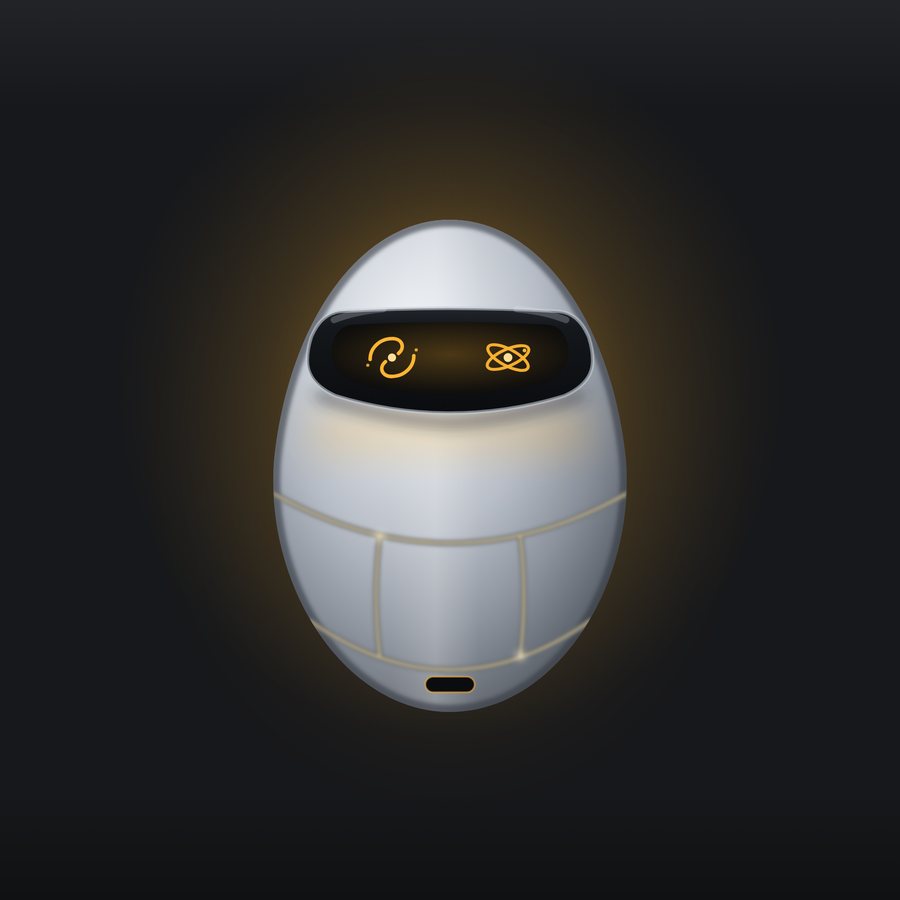 A palladium egg wearing a VR visor showing a galaxy and an atom, USB-C port at the base.