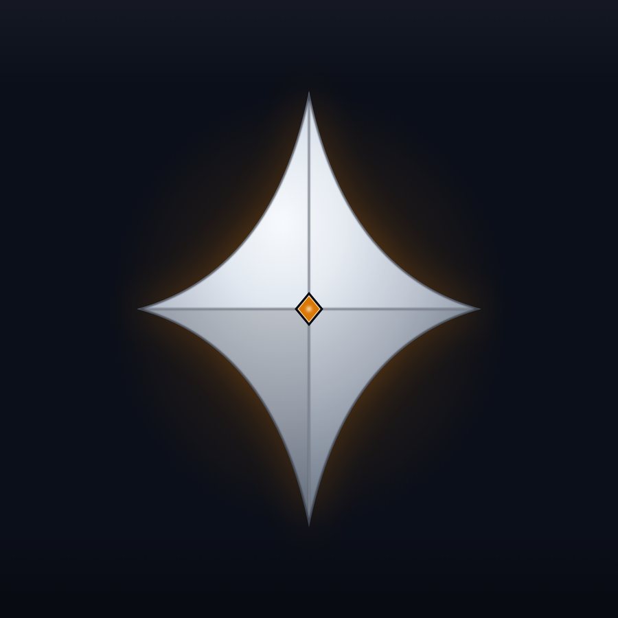 A four-ray concave palladium star with an amber diamond core on a near-black field.