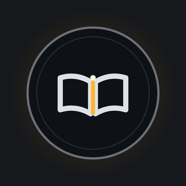 A roundel holding an open book with amber light in the gutter.