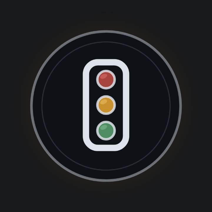 A roundel holding a three-lamp traffic light with muted red, amber and green lenses.